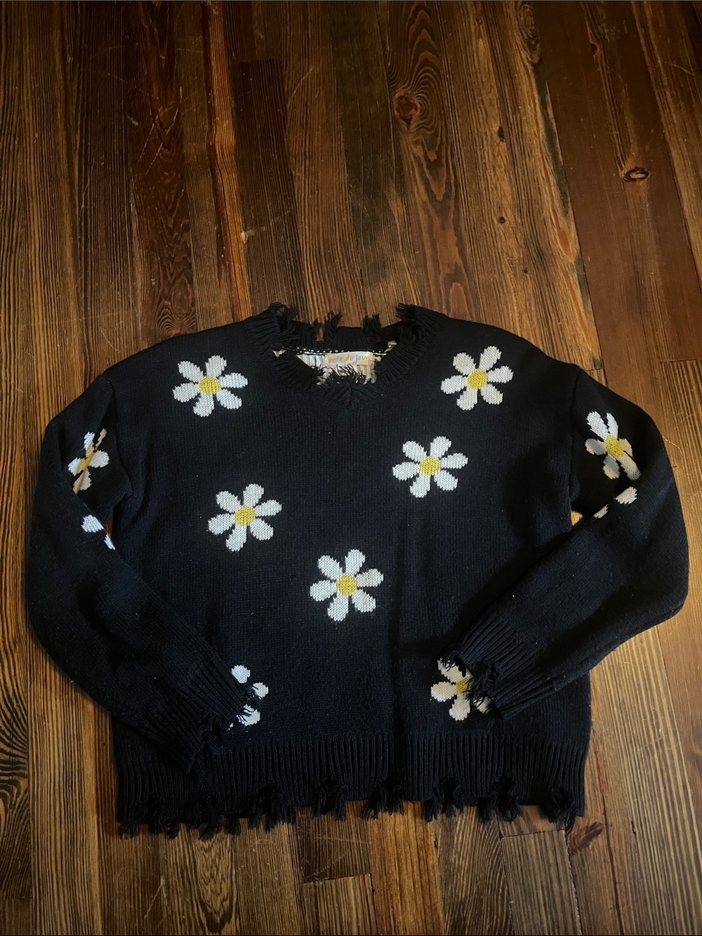 Belle Du Jour Black Sweater with White and Yellow Daisy Pattern